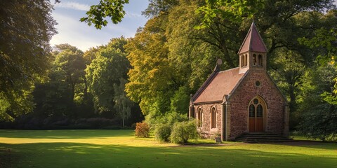 Fototapeta premium A quaint chapel nestled in a serene forest capturing a sense of tranquility and spirituality