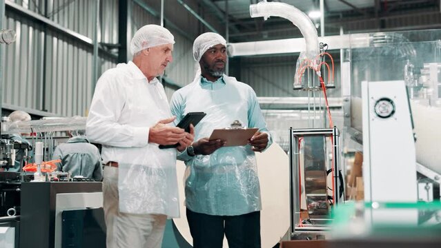 Engineering people, manager and factory for machine inspection and food production management on tablet. Senior boss or men on digital tech and clipboard for manufacturing and warehouse maintenance