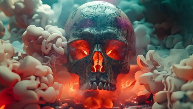 A skull emerging from a mist of deadly gases with an array of pharmaceuticals and chemical reagents scattered around symbolizing the dark side of medical experimentation