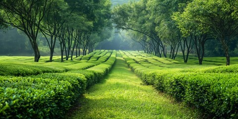 Obraz premium This lush image captures the serene beauty of a tea plantation, with vibrant green rows and overhanging trees