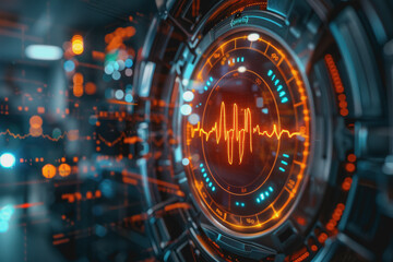 EKG readout of a steady heartbeat full screen on a futuristic round monitor, Abstract background