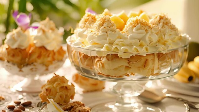 A sweet retreat to the islands featuring coconut lime cookies mango coconut trifle and banana coconut cream puffs.