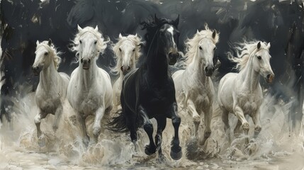 Fototapeta premium Majestic Black Horse Leading a Herd of White Horses Galloping Through Water.