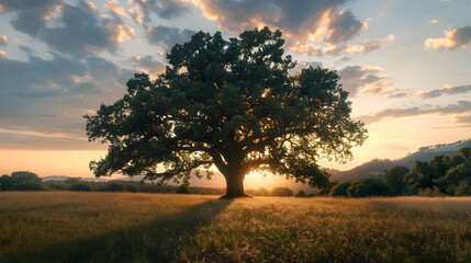 Lone Old Oak Tree Standing in Field 