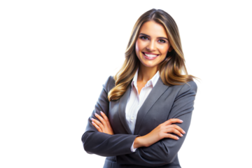 A confident woman smiling in a gray business suit with arms crossed, set against a clean white background