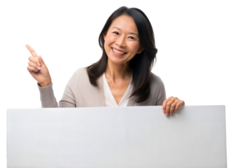 Woman smiles and points to a blank signboard, suggesting an idea indoors against a white background