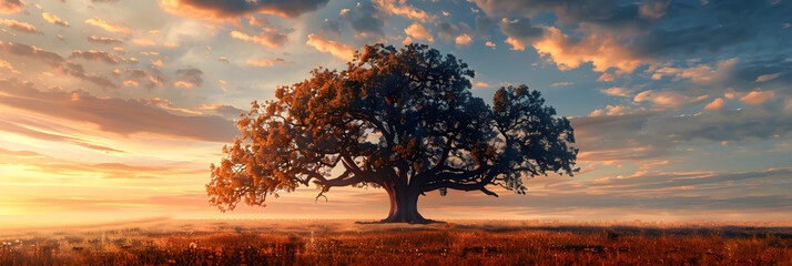 Lone Old Oak Tree Standing in Field 