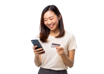 Smiling woman holds smartphone and credit card, engaging in an online shopping experience, standing against a white background
