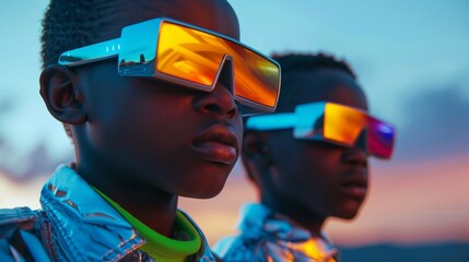 Afrofuturistic Kids Wearing Glow in the Dark Sunglasses on the Beach