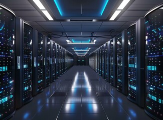 Naklejka premium Futuristic data center with rows of server racks containing multiple server blades with blinking lights