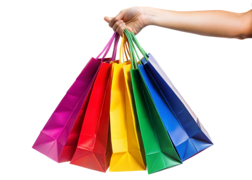 A hand holds multiple vibrant shopping bags, showcasing a rainbow of colors against a white background