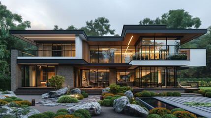 Obraz premium two story house inspired by the modern architecture with glass windows, in the style of traditional vietnamese, realistic and naturalistic textures , facade with stone tiles, a wood paneling, Large gl