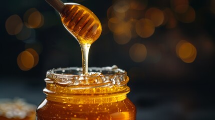 Golden honey dripping from a wooden dipper into a glass jar with sparkling background. Generative Ai