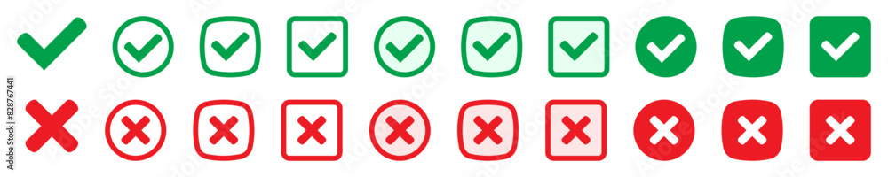 Aufkleber right or wrong icons. green tick and red cross checkmarks. yes or no symbol, approved or rejected ic