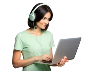 Smiling woman in green shirt working on laptop with headphones on, isolated on a white backdrop