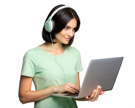 Smiling woman in green shirt working on laptop with headphones on, isolated on a white backdrop