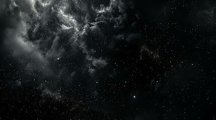 The image is a beautiful night sky with dark clouds and bright stars.