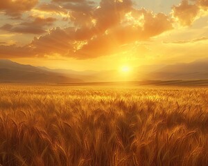 Obraz premium A sweeping view of golden wheat fields under a sunset, the light highlighting the richness of the crops against a soft, glowing background