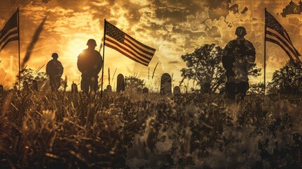 Soldiers placing flags at Arlington National Cemetery, honoring fallen heroes, solemn tone, close up, Remembrance theme, realistic, Overlay, Arlington National Cemetery backdrop