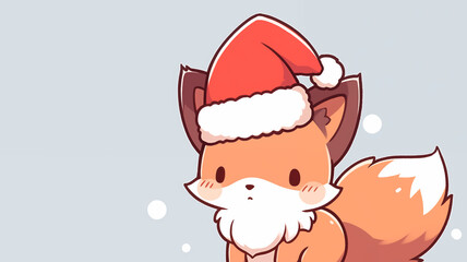 Hand drawn cartoon illustration of fox wearing Santa hat
