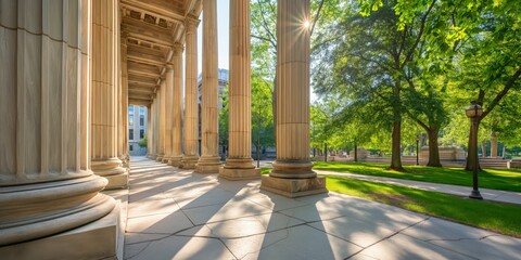 Sunlight streams through elegant Corinthian columns at a historical building, evoking a sense of history and stability