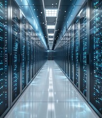 Obraz premium Futuristic Sci-Fi Data Center With Glowing Blue Lights