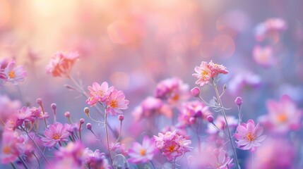 Vibrant field of cosmos flowers bathed in golden sunlight, a serene and picturesque depiction of nature's beauty. Generative Ai