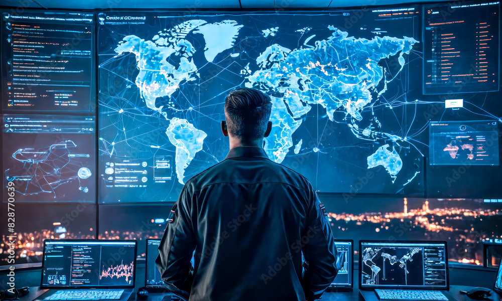 Poster big empty data monitoring center with global map on huge digital screen. person back view stands in 
