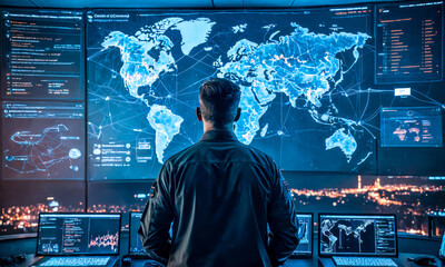 Big Empty Data Monitoring Center with Global Map on huge Digital Screen. person back view stands in operations command center. Futuristic global surveillance control room with multiple screens.