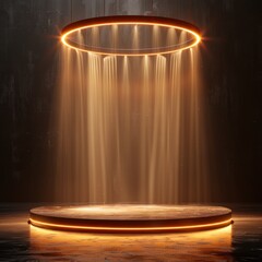 Golden cinematic podium with light highlights on a dark background, with empty space in the center for product display, circular. Presentation, promotion, showcase, stage, golden circle