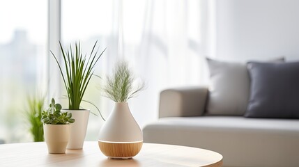 Aroma oil diffuser on table in modern home, steam rising from diffuser, background of a soft white wall and green plants