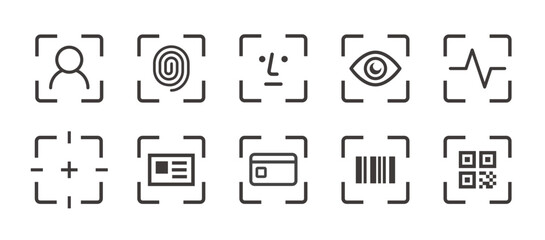 Scan icon set. identity document icon set. Containing Id card, face id and eye scan icons. Vector illustration.