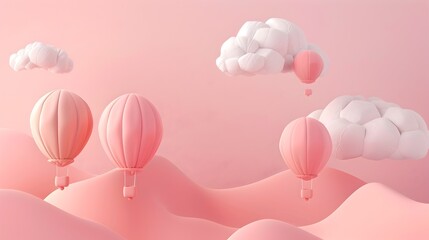 Pastel Pink 3D Clay Hot Air Balloons Floating in Whimsical Minimalist Sky Landscape