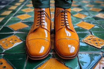 person in yellow boots, shoes standing on the yellow, green tiles. 