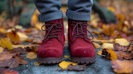 person in red boots standing in orange autumn leaves. 