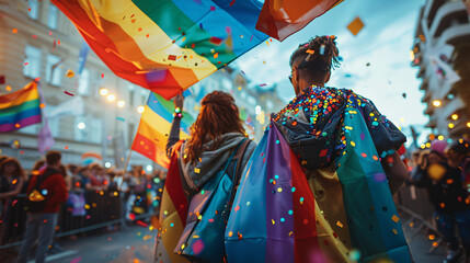 Two people are walking down the street holding rainbow flags