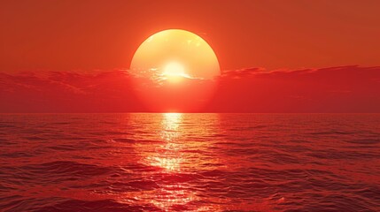 Spectacular view of a vibrant red sunset over the ocean with a large sun setting on the horizon, inspiring awe and tranquility. Generative Ai