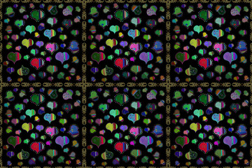 Raster illustration. Big and small hearts with swirls in blue, green and black colors. Seamless Valentine':s Day with watercolor heart outlines.