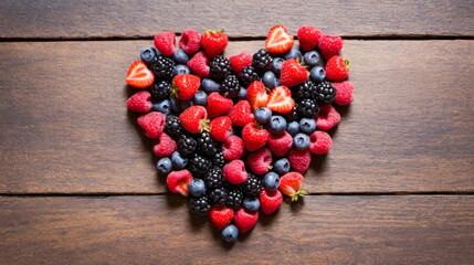 Variety of ripe, juicy berries including strawberries, blueberries, blackberries arranged in heart...