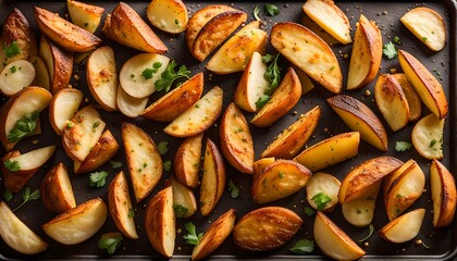 Fried potato wedges on baking sheet. From above, overhead, top view. Close-up.
