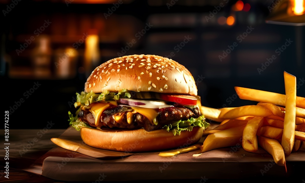 Wall mural Big juicy cheeseburger on an old worn wooden bar next to a pile of golden crispy fries, Ai Generated - Wall murals