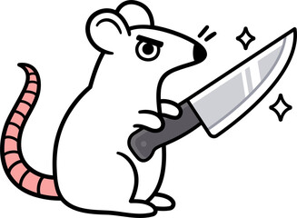 Funny cartoon white rat holding a knife. Comic humor illustration.