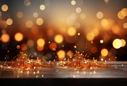 Golden Festive Bokeh Background with Sparkling Stars on Wooden Desk