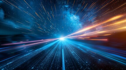 A dynamic depiction of a futuristic light speed travel scene in space.
