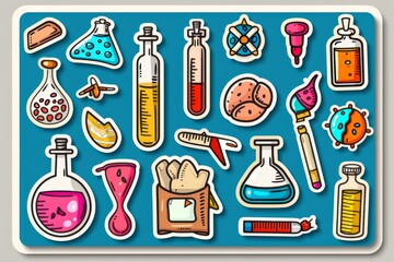 Diverse collection of colorful scientific and magical elements in a playful vector illustration on a white background, emphasizing creativity and fantasy