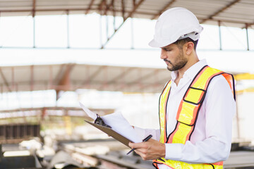 Hispanic male engineer working at construction site.