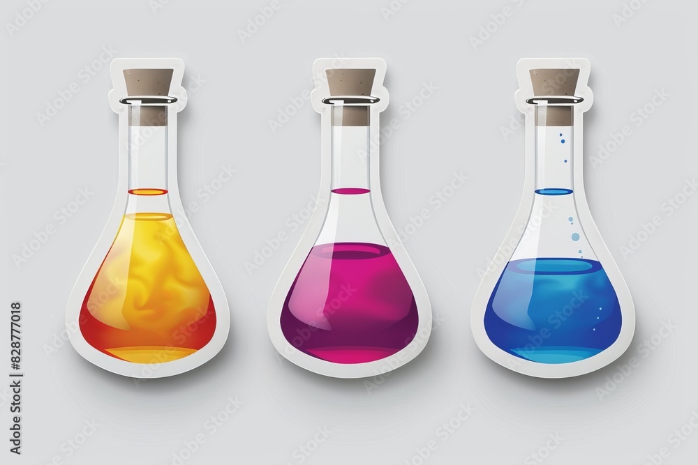 Poster set of potion bottles with colorful liquids in a minimalist vector illustration on a light gray back