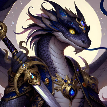 A serpent warrior named Kaida the Silent Fang with midnight star-like scales, a moonstone blade, golden eyes, and a coiled serpent crest