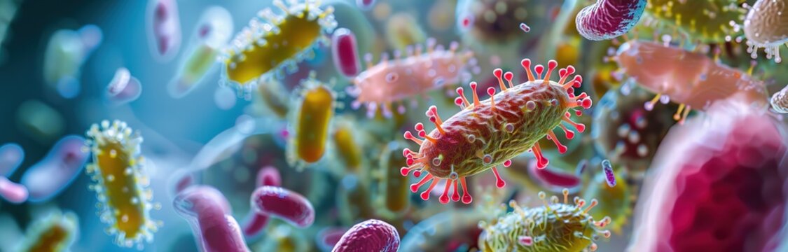 An illustration of a virus being researched. A dangerous virus in the human body