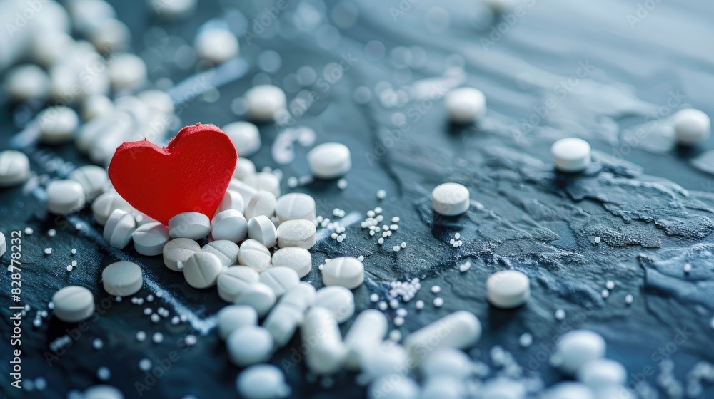 Poster cardiogram created from white medication tablets and a red paper heart representing concepts in phar